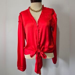 VELVET HEART Red Satin Feel Button-Up Blouse With Waist Tie. Size XS